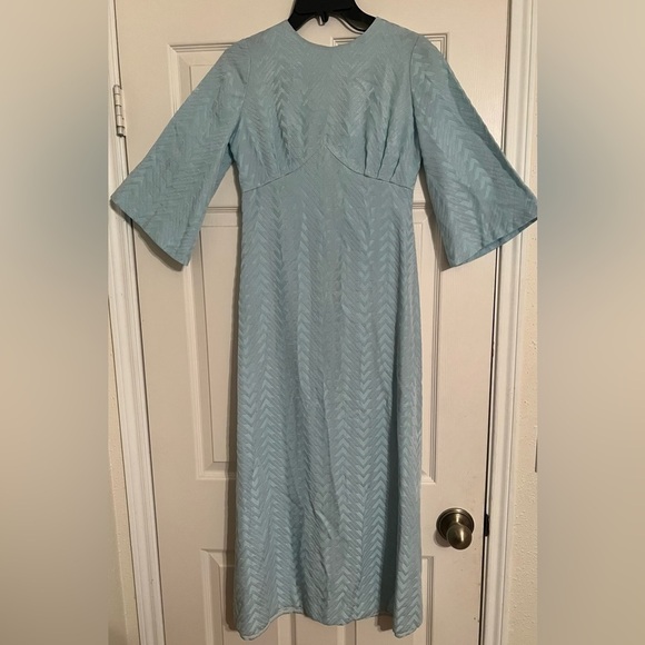 ❤️sale Vintage 60’s party dress baby blue w/metallic sheen semi bell sleeve sz S - Picture 2 of 11